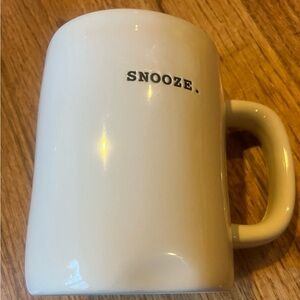 Rae Dunn White Ceramic Mug with 'Snooze' stamped in black